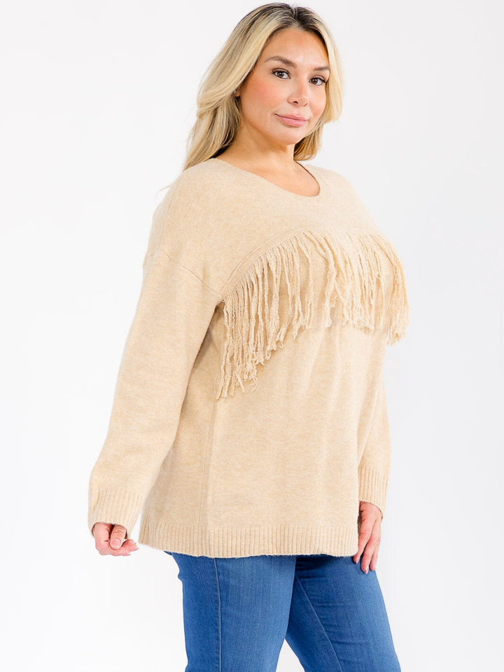 PLUS SIZE LONG SLEEVE FRINGE DETAILED PULLOVER SWEATER