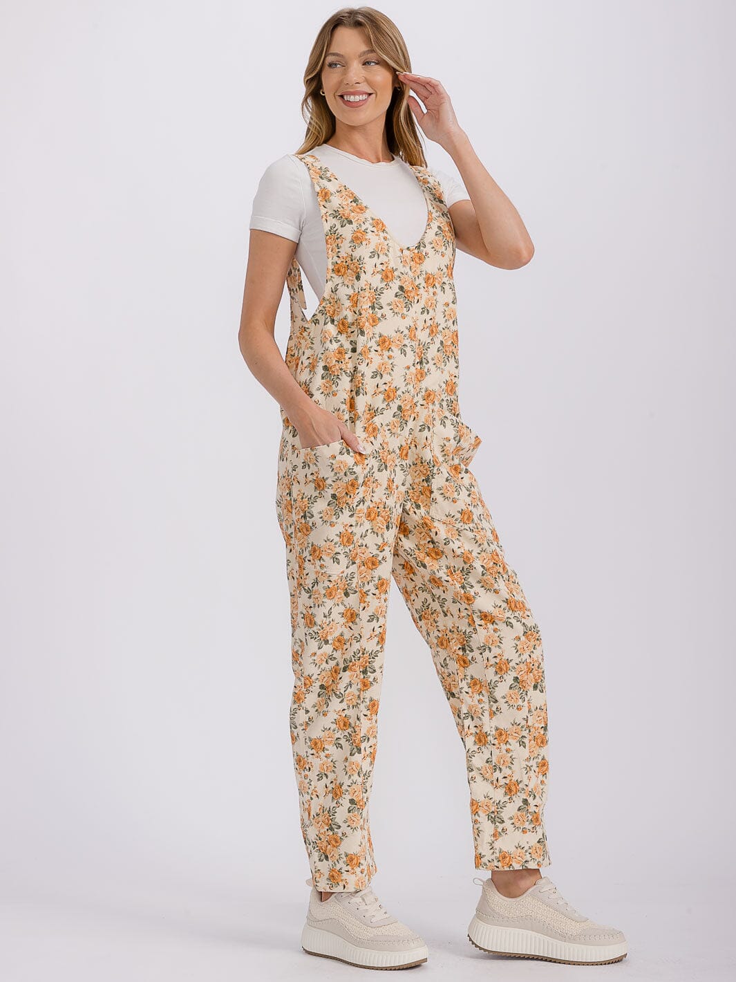 WOMEN'S SLEEVELESS FRONT POCKETS FLORAL PRINT OVERALL