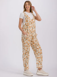 WOMEN'S SLEEVELESS FRONT POCKETS FLORAL PRINT OVERALL