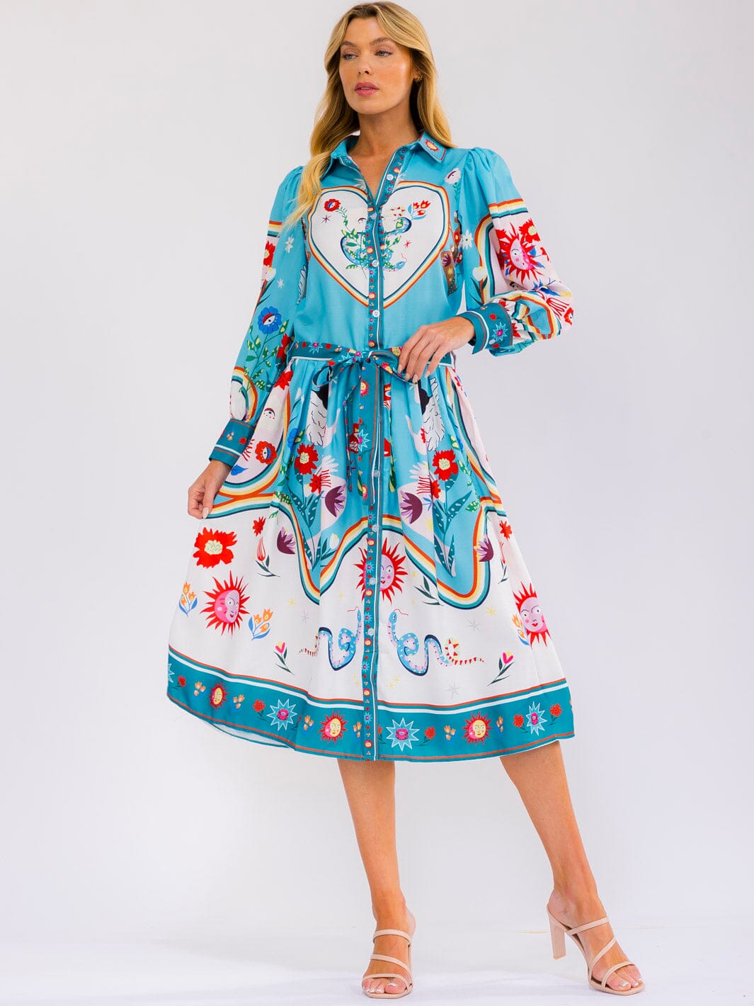 WOMEN'S LONG SLEEVE SELF TIE BUTTON UP MULTI PRINT MIDI DRESS