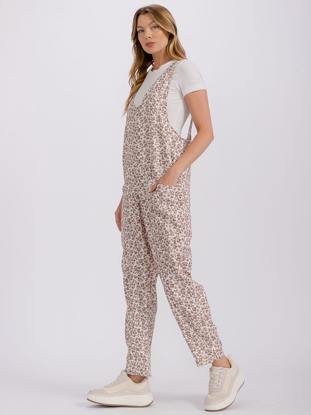 WOMEN'S SLEEVELESS FRONT POCKETS WIDE LEG FLORAL PRINT OVERALL
