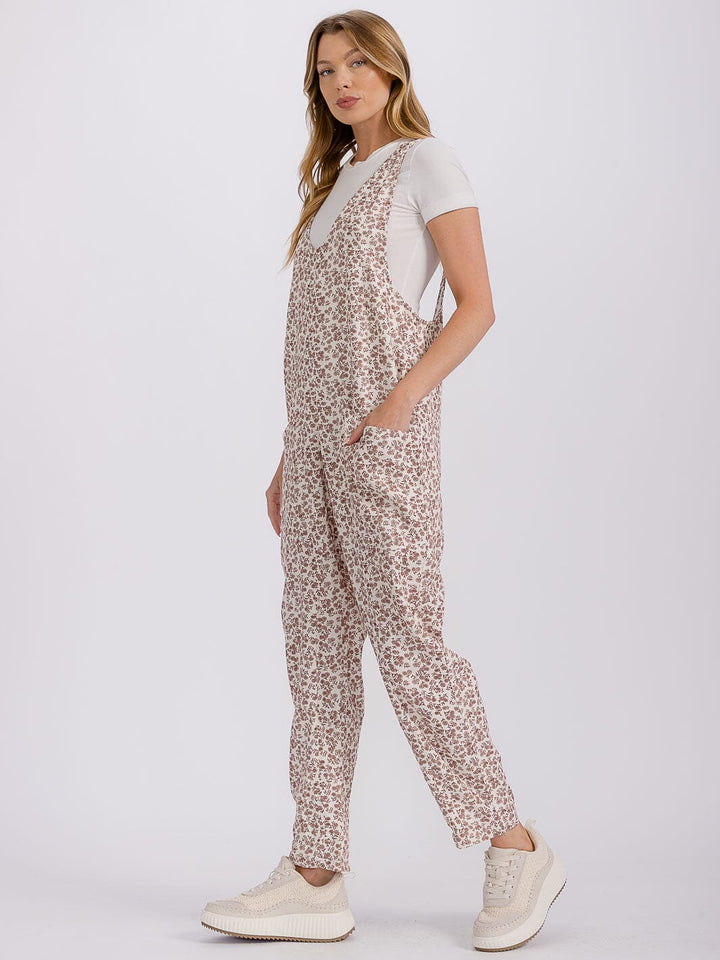 WOMEN'S SLEEVELESS FRONT POCKETS WIDE LEG FLORAL PRINT OVERALL