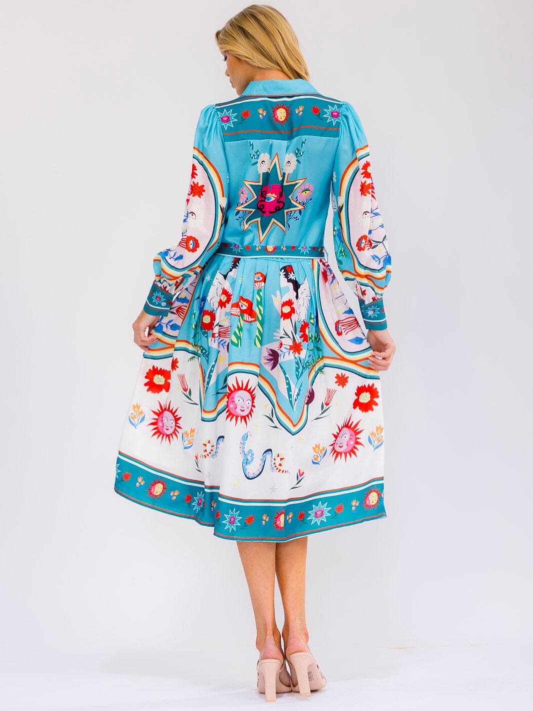 WOMEN'S LONG SLEEVE SELF TIE BUTTON UP MULTI PRINT MIDI DRESS