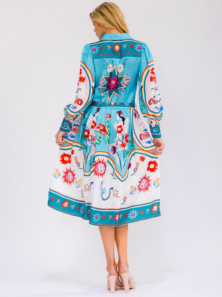 WOMEN'S LONG SLEEVE SELF TIE BUTTON UP MULTI PRINT MIDI DRESS