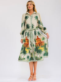 WOMEN'S LONG SLEEVE SELF TIE BUTTON UP MULTI PRINT MIDI DRESS