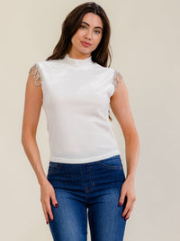 WOMEN'S SLEEVELESS MOCK NECK RHINESTONES TRIM DETAILED VELVET BLOUSE