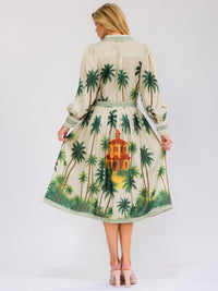WOMEN'S LONG SLEEVE SELF TIE BUTTON UP MULTI PRINT MIDI DRESS