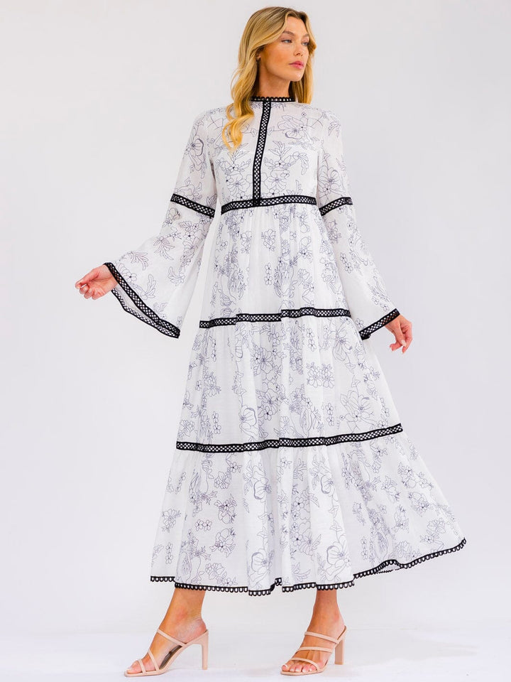 WOMEN'S LONG BELL SLEEVE TIERED FLORAL PRINT MAXI DRESS