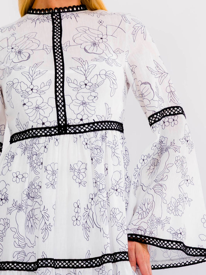 WOMEN'S LONG BELL SLEEVE TIERED FLORAL PRINT MAXI DRESS