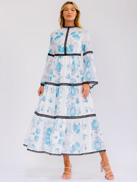 WOMEN'S LONG BELL SLEEVE TIERED FLORAL PRINT MAXI DRESS