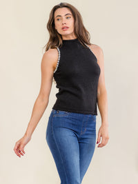 WOMEN'S SLEEVELESS MOCK NECK STUDS TRIM FUZZY BLOUSE