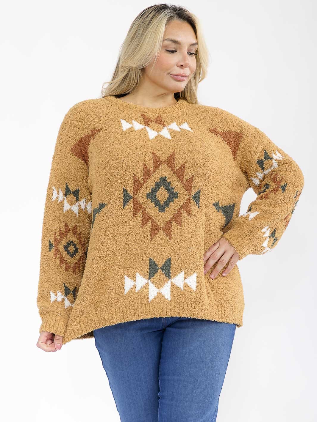 PLUS SIZE LONG SLEEVE PRINT PULLOVER SWEATER