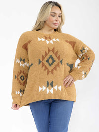 PLUS SIZE LONG SLEEVE PRINT PULLOVER SWEATER