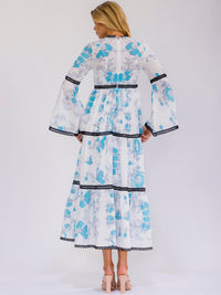 WOMEN'S LONG BELL SLEEVE TIERED FLORAL PRINT MAXI DRESS