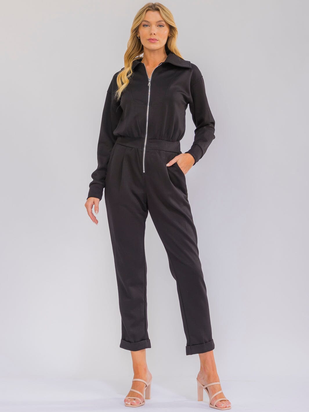 WOMEN'S LONG SLEEVE ZIPPER CLOSUE POCKETS SKINNY LEG JUMPSUIT