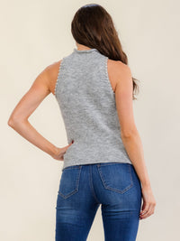 WOMEN'S SLEEVELESS MOCK NECK STUDS TRIM FUZZY BLOUSE