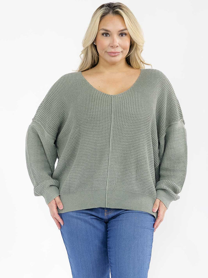 PLUS SIZE LONG SLEEVE V-NECK PULLOVER KNIT SWEATER