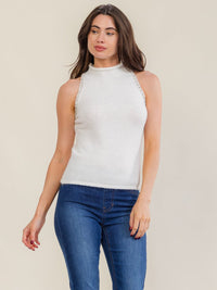 WOMEN'S SLEEVELESS MOCK NECK STUDS TRIM FUZZY BLOUSE