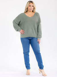 PLUS SIZE LONG SLEEVE V-NECK PULLOVER KNIT SWEATER