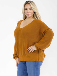 PLUS SIZE LONG SLEEVE V-NECK PULLOVER KNIT SWEATER