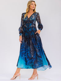 WOMEN'S LONG SLEEVE V-NECK FRONT POCKETS MULTI PRINT MAXI DRESS