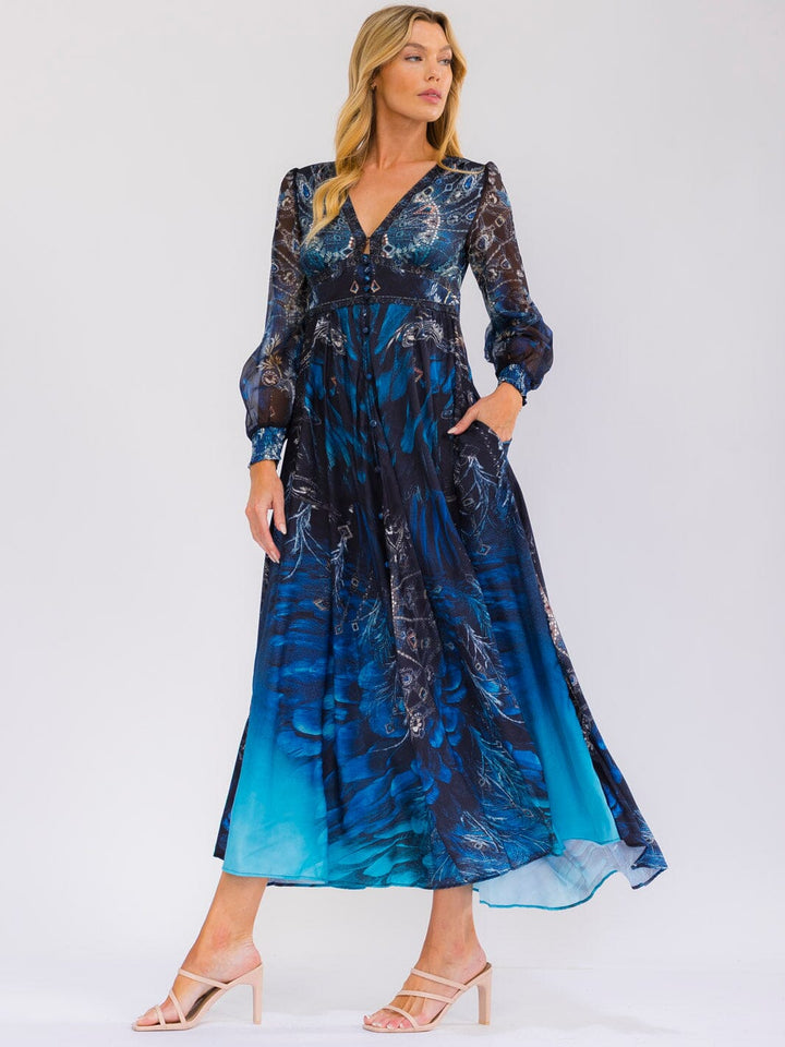 WOMEN'S LONG SLEEVE V-NECK FRONT POCKETS MULTI PRINT MAXI DRESS