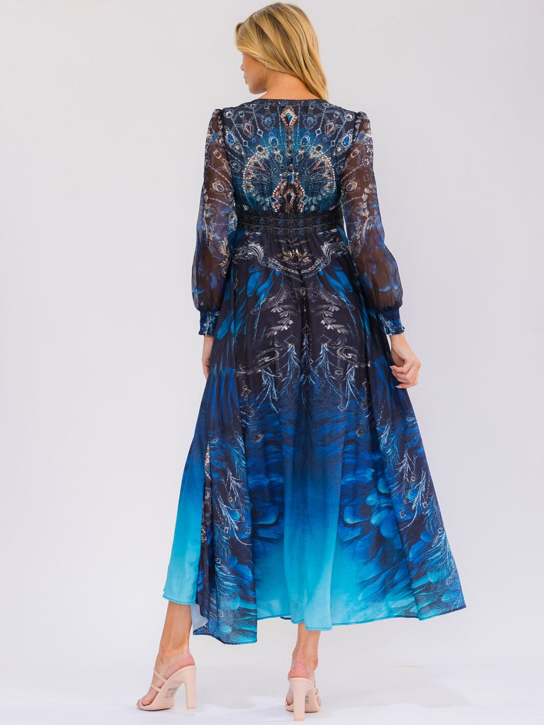 WOMEN'S LONG SLEEVE V-NECK FRONT POCKETS MULTI PRINT MAXI DRESS