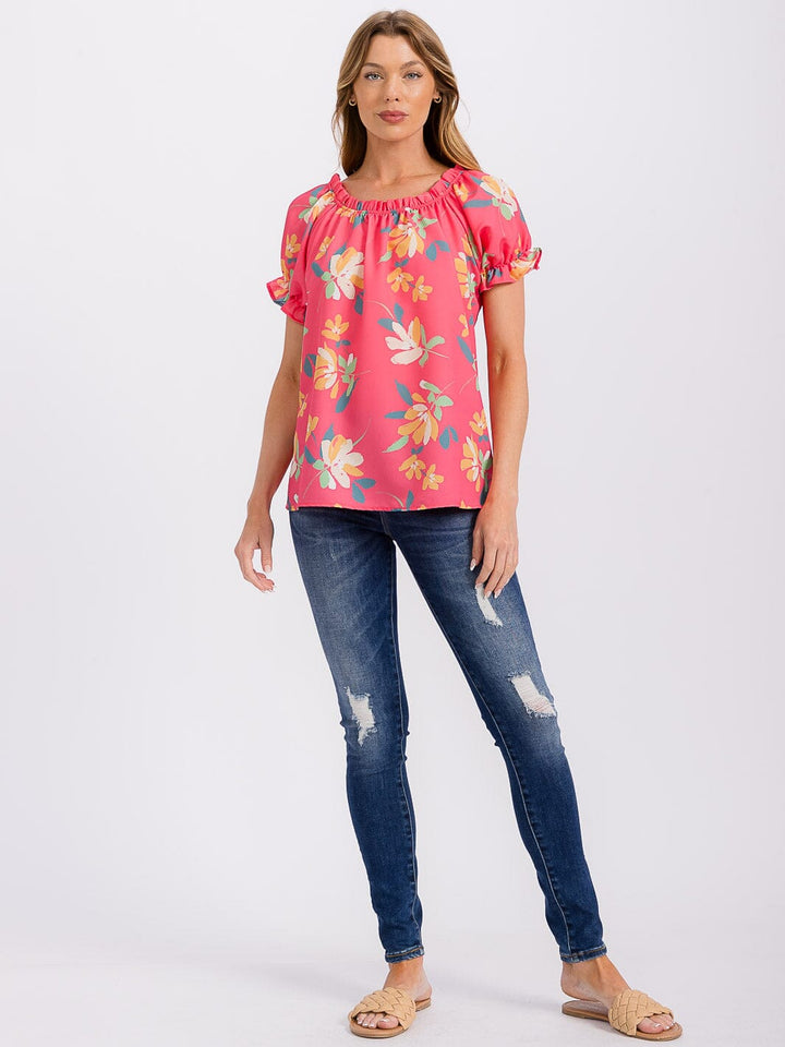 WOMEN'S SHORT PUFF SLEEVE FLORAL BLOUSE