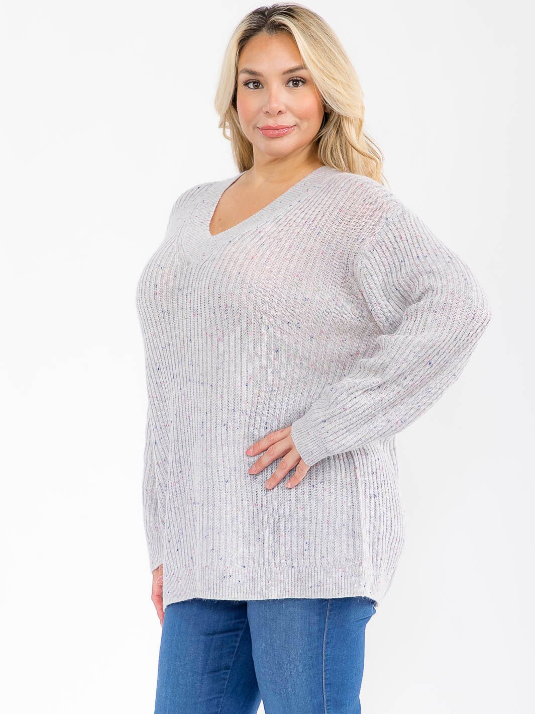 PLUS SIZE LONG SLEEVE V-NECK PULLOVER KNIT SWEATER
