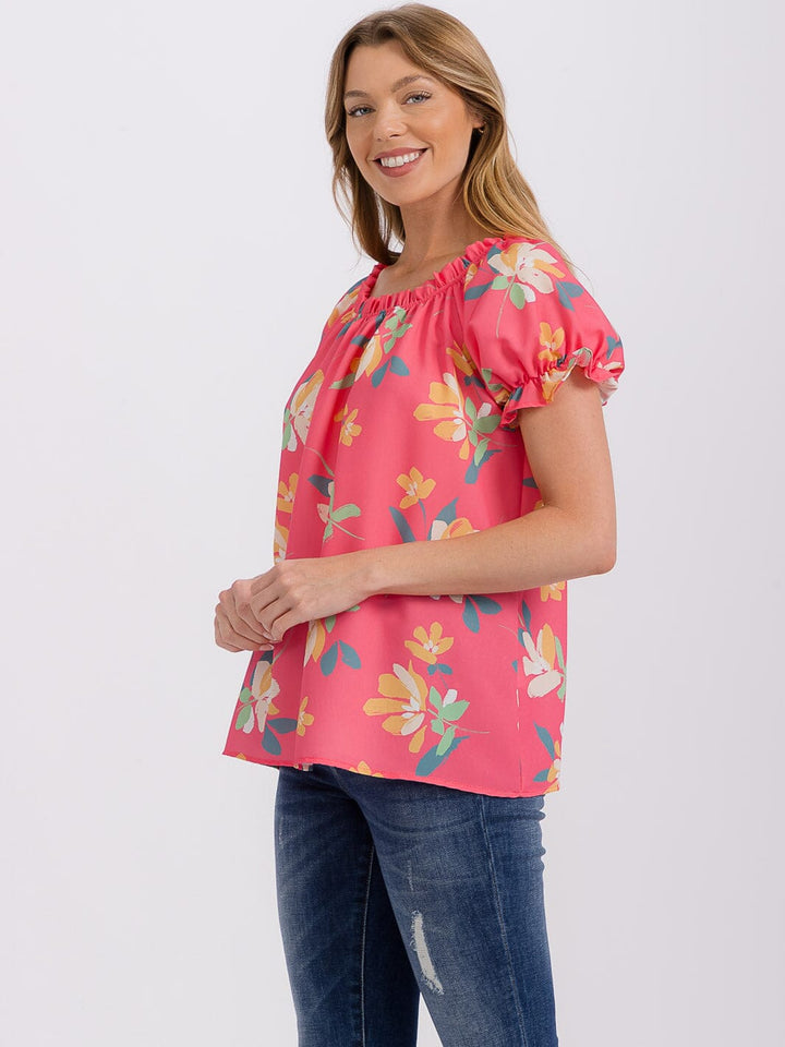 WOMEN'S SHORT PUFF SLEEVE FLORAL BLOUSE
