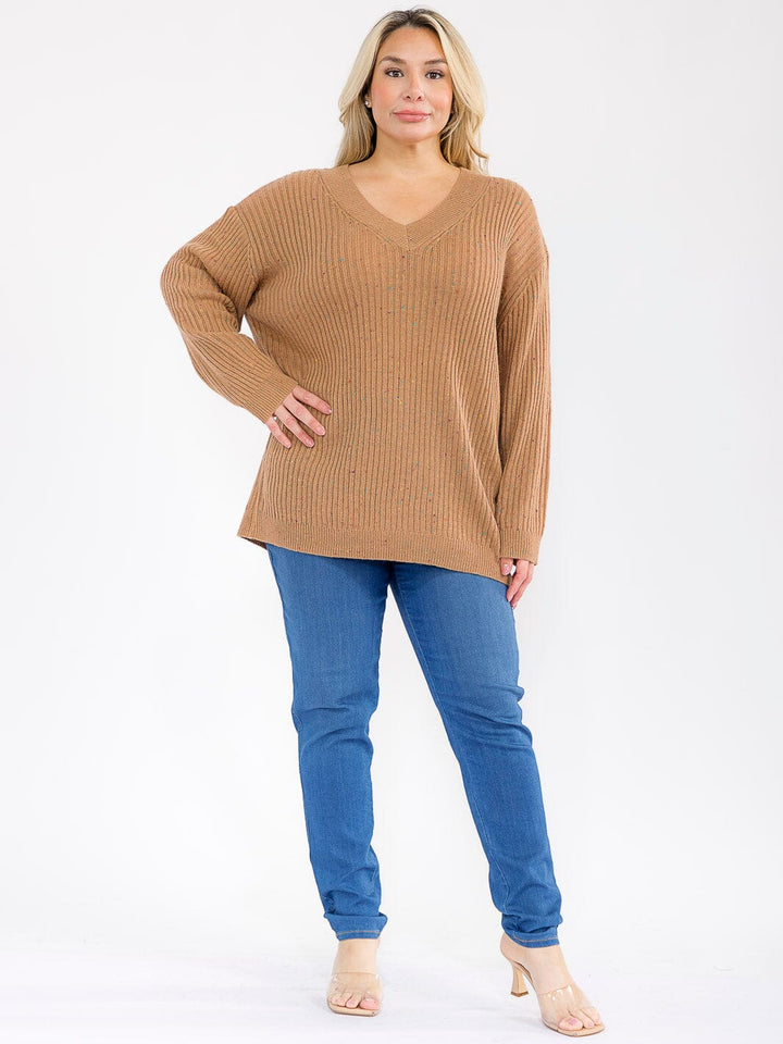 PLUS SIZE LONG SLEEVE V-NECK PULLOVER KNIT SWEATER