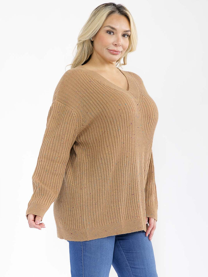 PLUS SIZE LONG SLEEVE V-NECK PULLOVER KNIT SWEATER