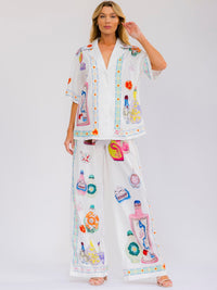 WOMEN'S SHORT SLEEVE BLOUSE & ELASTIC WAIST WIDE LEG PANTS MULTI PRINT 2PC. SET
