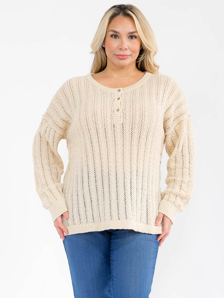 PLUS SIZE LONG SLEEVE BUTTON UP KNIT TOP
