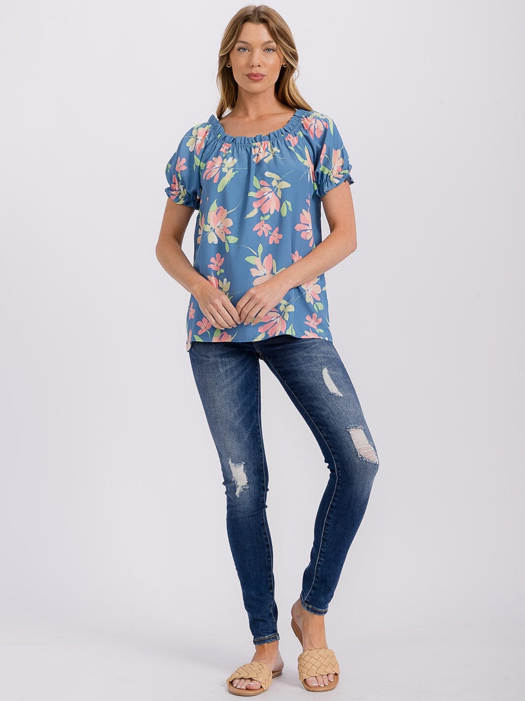 WOMEN'S SHORT PUFF SLEEVE FLORAL BLOUSE