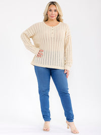 PLUS SIZE LONG SLEEVE BUTTON UP KNIT TOP