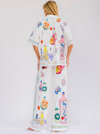 WOMEN'S SHORT SLEEVE BLOUSE & ELASTIC WAIST WIDE LEG PANTS MULTI PRINT 2PC. SET