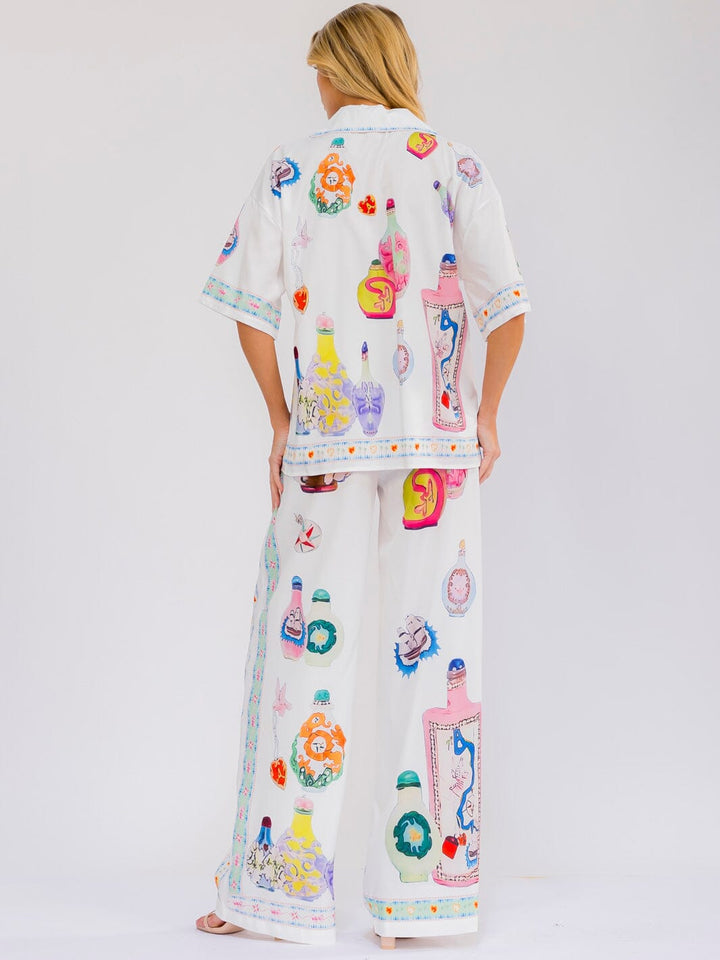 WOMEN'S SHORT SLEEVE BLOUSE & ELASTIC WAIST WIDE LEG PANTS MULTI PRINT 2PC. SET