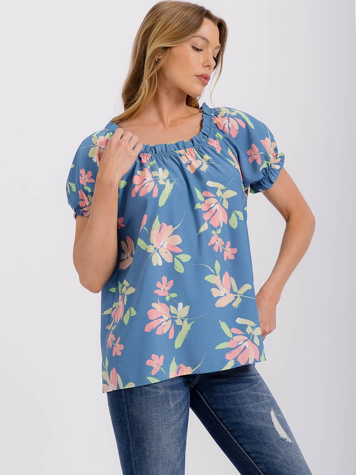 WOMEN'S SHORT PUFF SLEEVE FLORAL BLOUSE