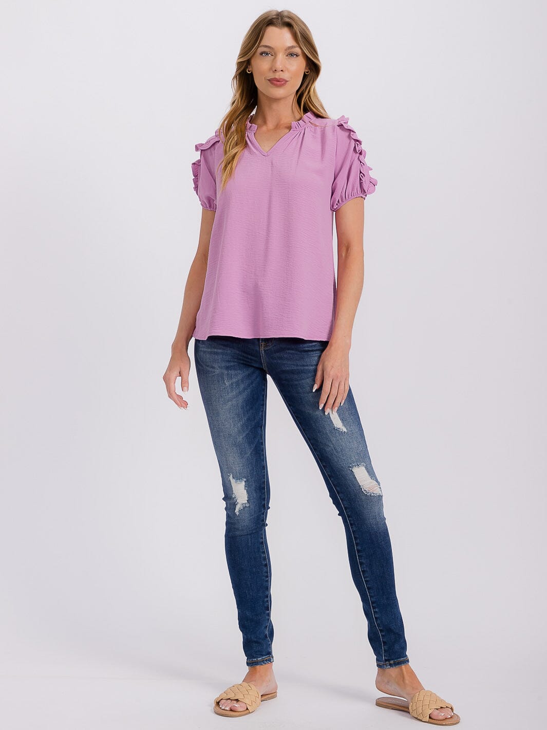 WOMEN'S SHORT RUFFLE SLEEVE V-NECK BLOUSE