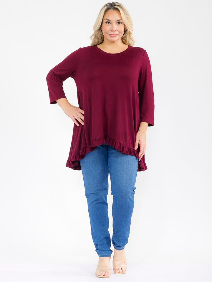 PLUS SIZE 3/4 SLEEVES RUFFLE BOTTOM HEM TUNIC HIGH-LOW TOP