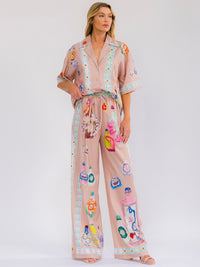 WOMEN'S SHORT SLEEVE BLOUSE & ELASTIC WAIST WIDE LEG PANTS MULTI PRINT 2PC. SET