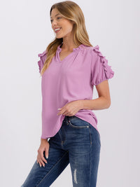 WOMEN'S SHORT RUFFLE SLEEVE V-NECK BLOUSE