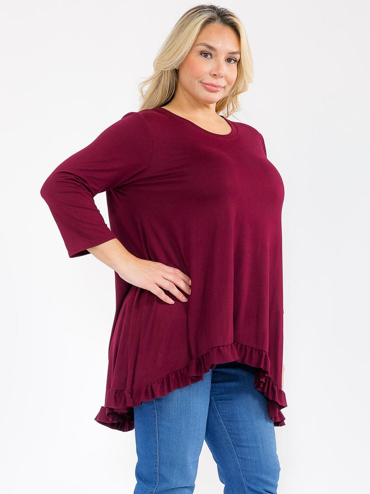 PLUS SIZE 3/4 SLEEVES RUFFLE BOTTOM HEM TUNIC HIGH-LOW TOP