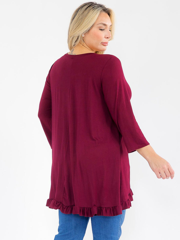 PLUS SIZE 3/4 SLEEVES RUFFLE BOTTOM HEM TUNIC HIGH-LOW TOP