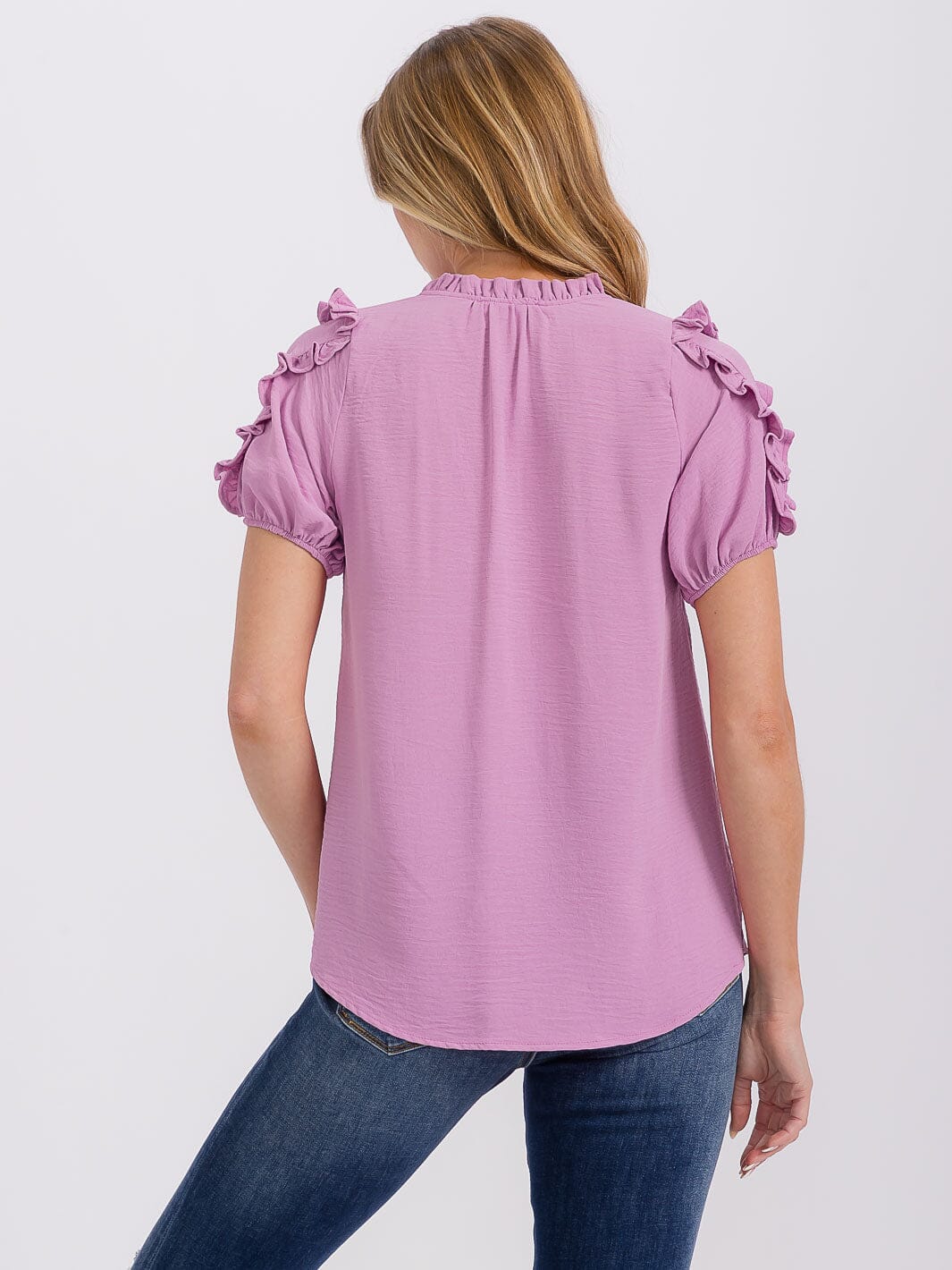 WOMEN'S SHORT RUFFLE SLEEVE V-NECK BLOUSE