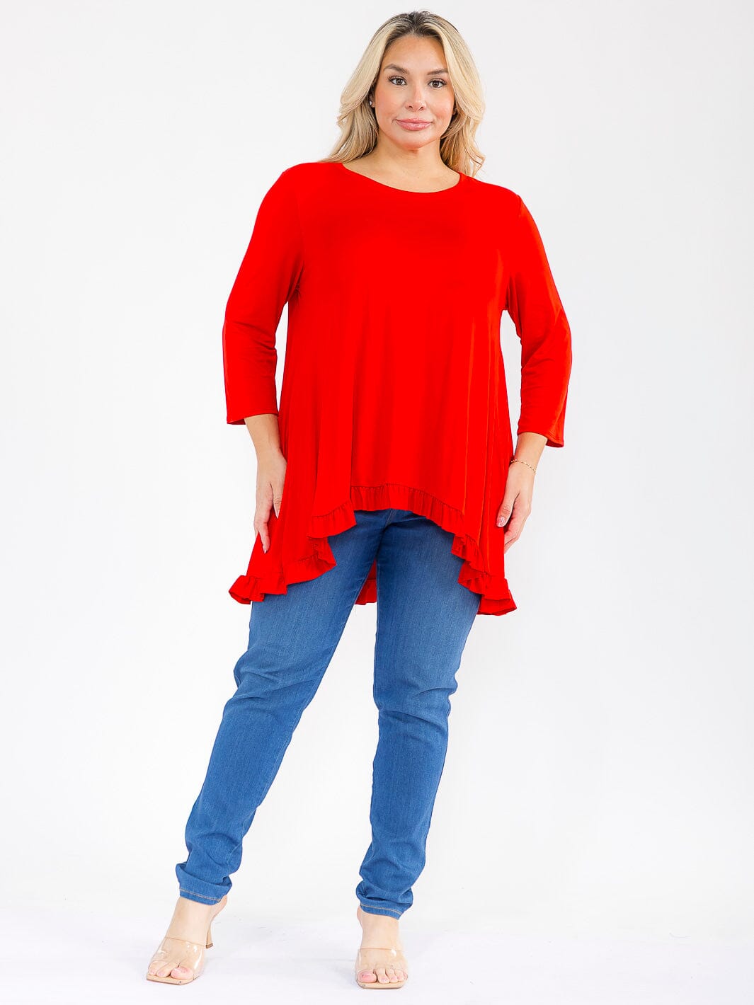 PLUS SIZE 3/4 SLEEVES RUFFLE BOTTOM HEM TUNIC HIGH-LOW TOP