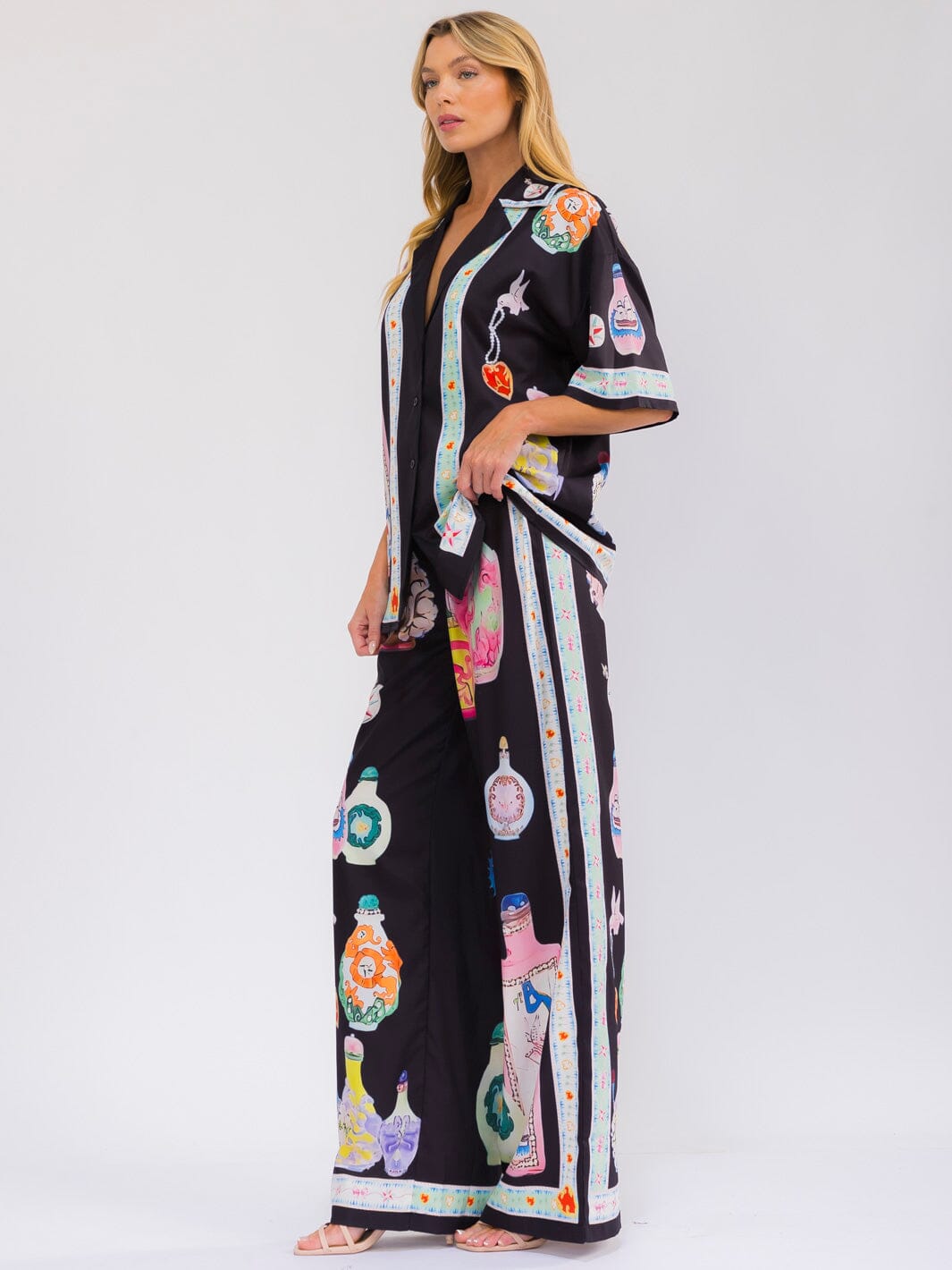 WOMEN'S SHORT SLEEVE BLOUSE & ELASTIC WAIST WIDE LEG PANTS MULTI PRINT 2PC. SET