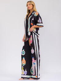 WOMEN'S SHORT SLEEVE BLOUSE & ELASTIC WAIST WIDE LEG PANTS MULTI PRINT 2PC. SET