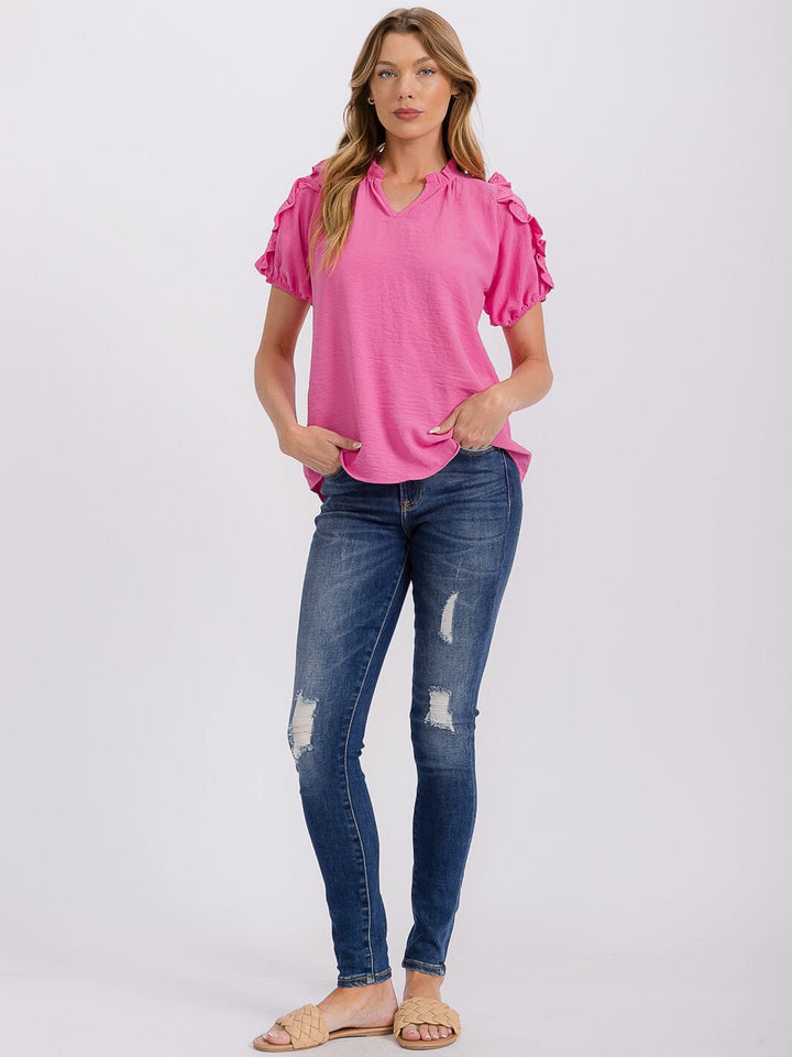 WOMEN'S SHORT RUFFLE SLEEVE V-NECK BLOUSE